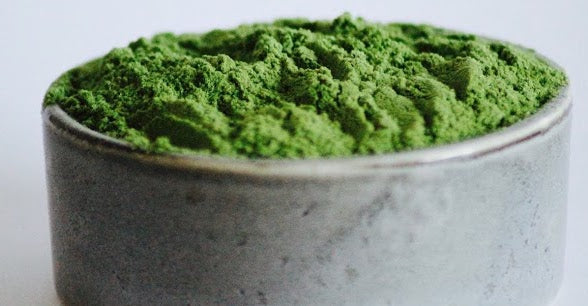 A close-up of bright green kale powder, piled in a small round gray ceramic bowl against a plain light background.