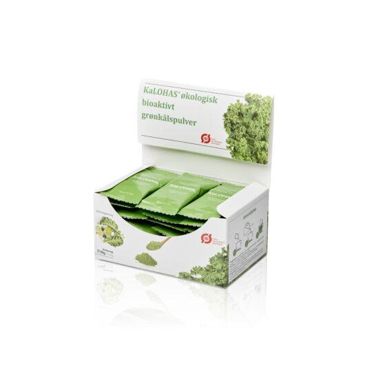 A box of KaLOHAS organic kale powder with single-serve sachets