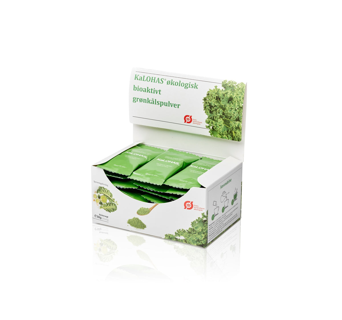 A box of KaLOHAS organic kale powder with single-serve sachets